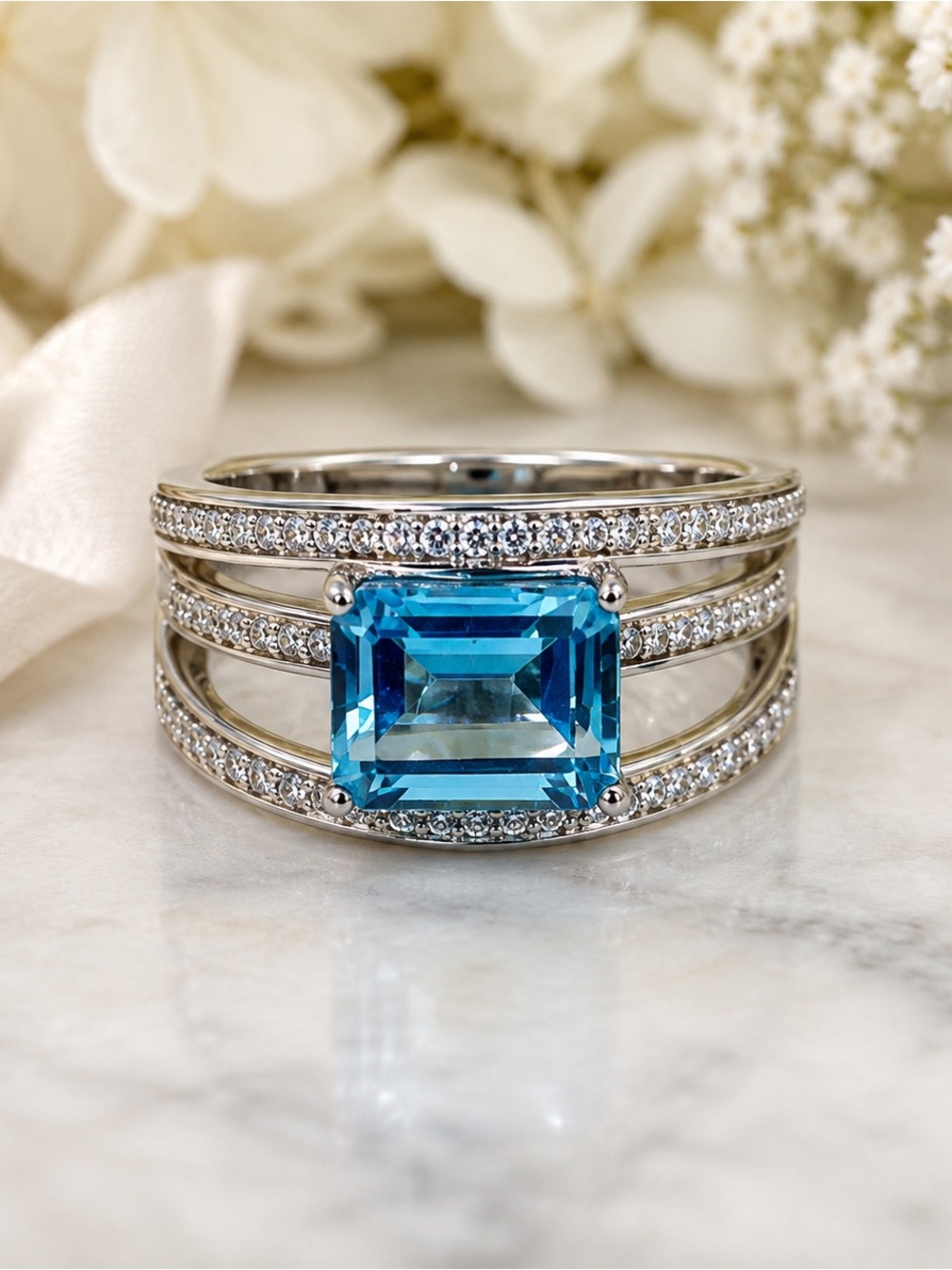 Blue Topaz Emerald Cut Multi-Row Sterling Silver Ring Size 7.25